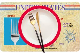 A photo composite of a fake license, plate, knife and fork.