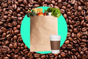 Coffee beans, a coffee cup and grocery bag in a photo composite. 