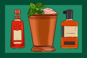 Illustration of a Mint Julep and two bourbon bottles