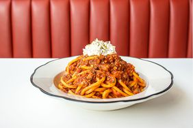 A plate of bucatini with spicy neapolitan ragu from Caruso's Grocery in Washington DC