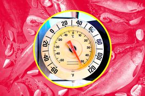 An outdoor thermometer showing extremely hot temperatures in a photo composite over assorted seafood. 