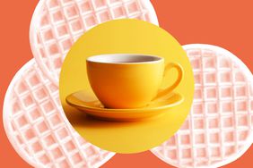 A cup of coffee over round waffles in a photo composite. 