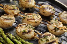 BBQ Grilled Scallops with Grilled Asparagus and an Herb, Garlic Butter Sauce