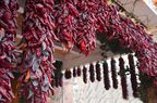 Numerous chile ristras decorating a porch in Albuquerque, New Mexico.