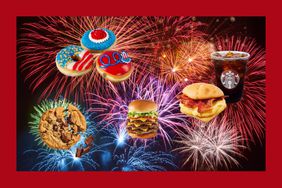 Krispy Kreme donuts, Insomnia Cookies chocolate chip cookie, The Red Robin Gold Medal Burger, and a Starbucks combo over fireworks.