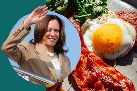 A photo composite of Kamala Harris and a plate of food. 