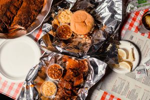 Barbecue ribs, baked beans, and a barbecue sandwich from The Rendezvous in Memphis