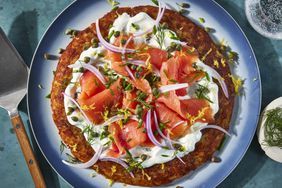 Potato rosti with salmon and red onion shot from above.