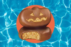 Reese's Peanut Butter Pumpkins in a photo composite over a blue pool.