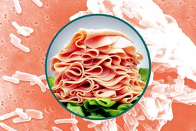 Sliced deli meat in a photo composite over Listeria from a microscope. 