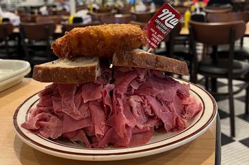 Corned beef sandwich on a plate at Manny's Deli in Chicago.