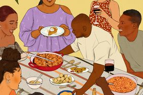 Illustration of Tiffany Derry and her family around a table with food