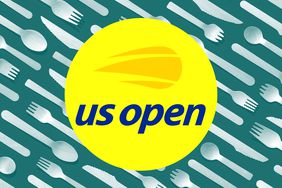 The US Open logo in a photo composite over compostable utensils. 