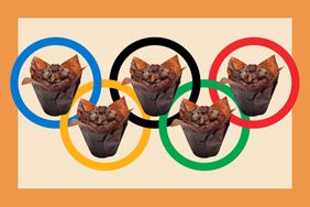 A double chocolate muffin and the Olympic rings logo.