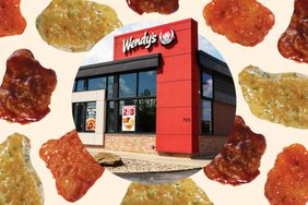 Photo illustration of Wendy's restaurant over their Saucy Chicken Nuggs