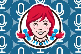 The Wendy's logo in front of a background of microphone icons.