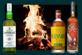 Laphroaig, Burnside Oregon Oaked Rye, Eagle Rare in a photo composite over a campfire.